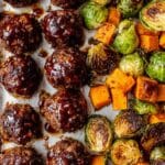 Korean BBQ Meatballs with Roasted Sweet Potatoes and Brussels Sprouts Recipe