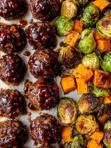 Korean BBQ Meatballs with Roasted Sweet Potatoes and Brussels Sprouts Recipe