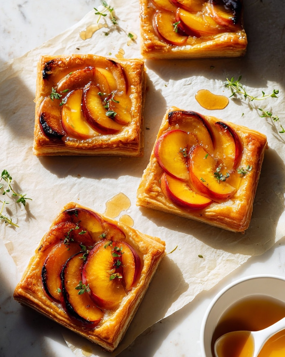 Four square peach tarts are placed on a white marbled surface with a sheet of parchment paper underneath. Each tart has a golden-brown flaky crust forming the base and edges. On top, sliced peach pieces show vibrant orange and yellow colors with some darker caramelized spots. A light glaze shines softly on the peaches and crust. Small green herb leaves are sprinkled on the tarts and around them. Near the top right, there is a white bowl with amber-colored syrup and a white spoon partly inside. Sunlight highlights parts of the tarts and creates soft shadows. photo taken with an iphone --ar 4:5 --v 7