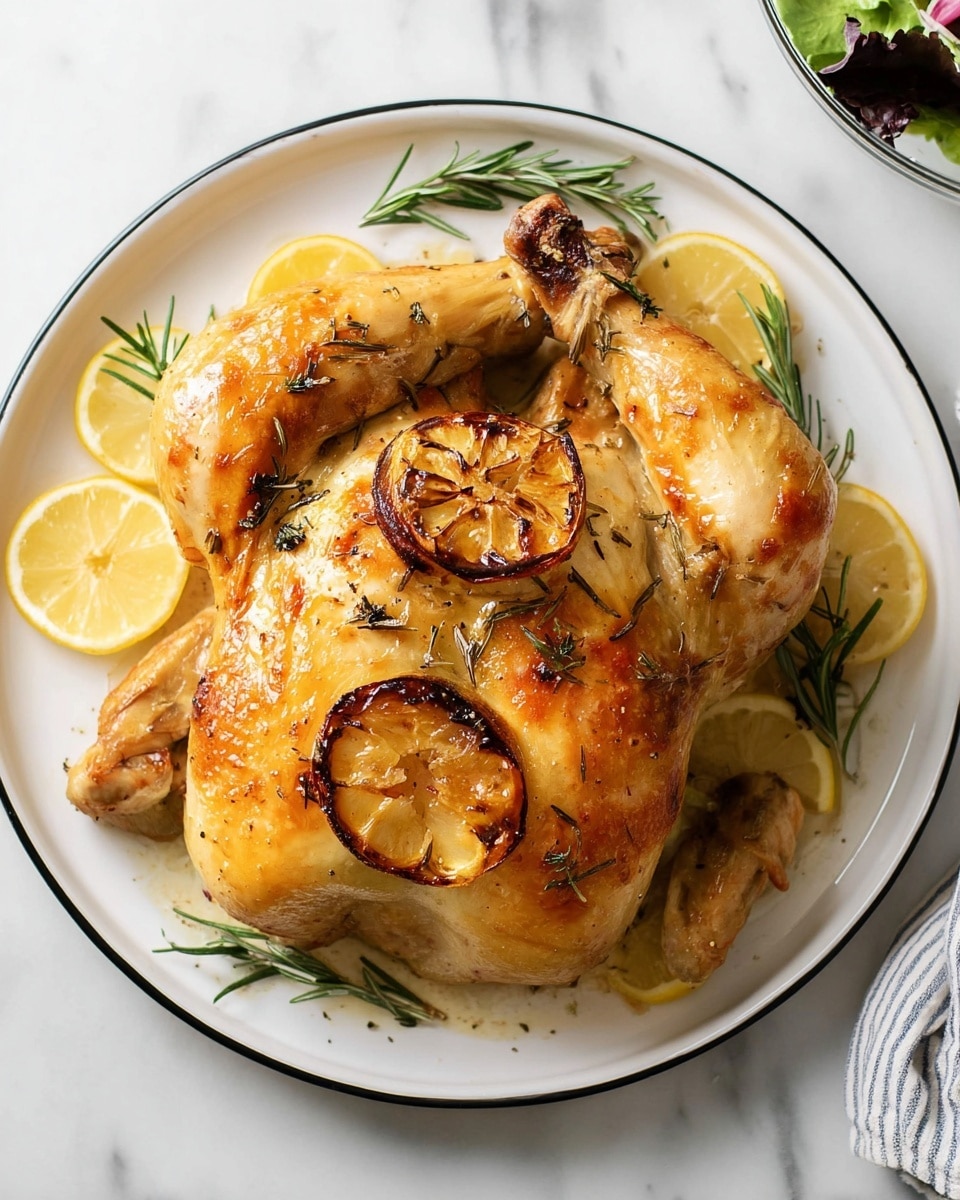 A whole roasted chicken with golden brown, slightly shiny skin rests on a white round plate with a thin black rim. The chicken is placed in the center, with two wing sections raised on top and two drumstick sections positioned towards the bottom of the plate. Thin lemon slices with light yellow color are arranged around and under the chicken, adding bright accents. Small sprigs of green rosemary are scattered on the chicken and around the plate. Two slices of browned lemon are placed on top of the chicken near the wings. The plate sits on a white marbled surface with a small part of a salad bowl visible in the top right corner. The photo was taken with an iphone --ar 4:5 --v 7