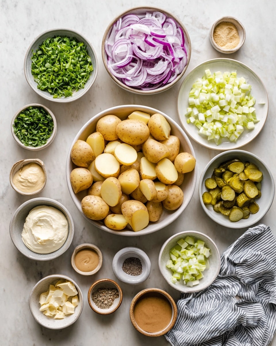 The image shows many bowls and plates arranged on a white marbled surface, each holding different ingredients for a dish. In the center, there is a large white bowl full of small light brown potatoes, some halved, showing a soft yellow inside. Above it, there is a white bowl with thin purple and white onion slices. To the right, a white plate holds small cubes of pickles, pale green with some darker spots. Around these, smaller bowls contain fresh green herbs, light green chopped celery pieces, a dollop of creamy white mayonnaise, grainy and smooth mustard sauces in brown and gray bowls, a small pile of black pepper, and a few pickle slices. A striped cloth napkin is at the bottom right corner. The setup looks clean and organized, ready for cooking. Photo taken with an iphone --ar 4:5 --v 7