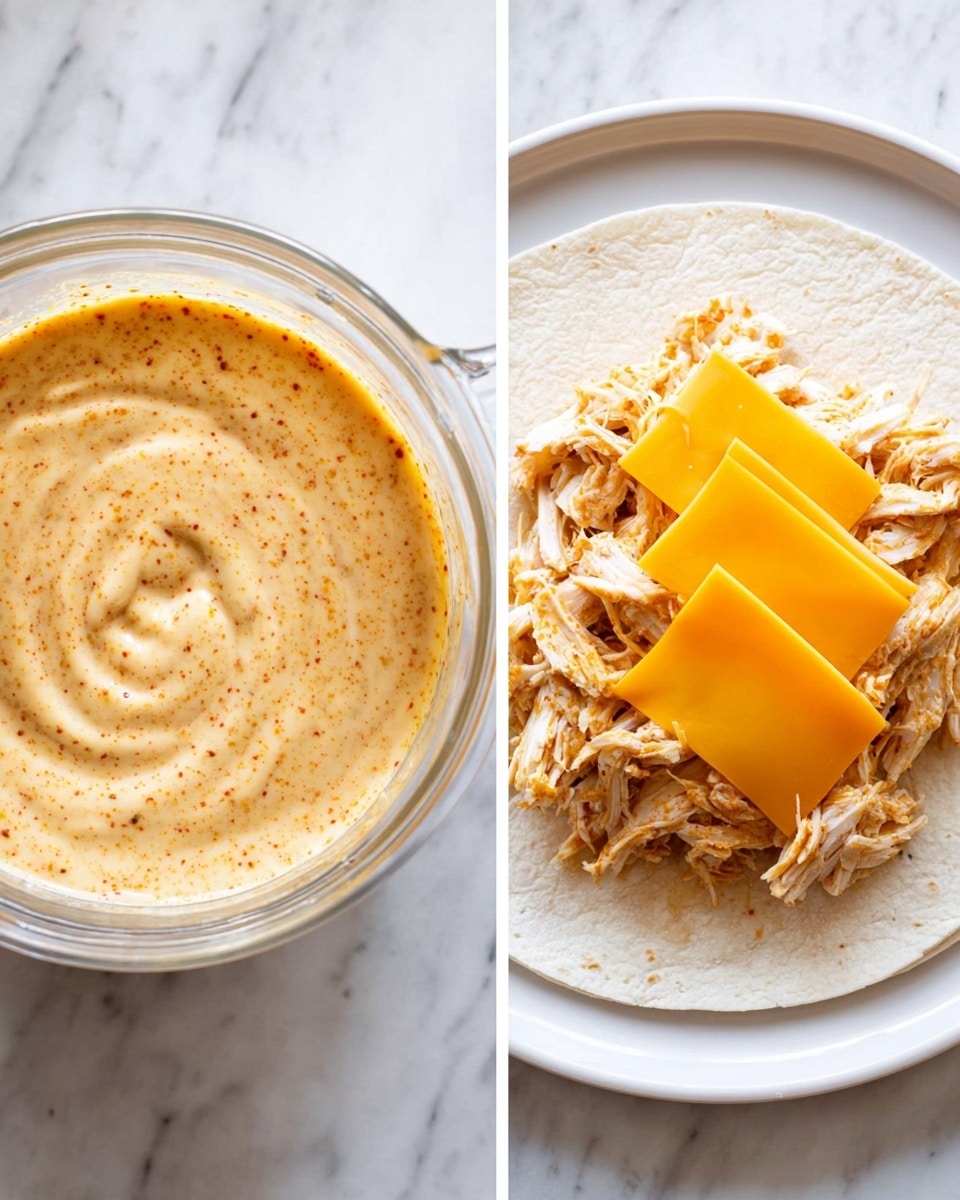 The image shows two separate parts: on the left, a clear glass measuring cup filled with a creamy sauce that is light orange with specks of darker spices, having a smooth and thick texture with a swirl on top. On the right, there is a white plate with a white tortilla flat on it, topped with a generous layer of shredded light brown chicken, and on top of the chicken are four folded bright yellow-orange slices of cheese placed in a square shape, leaving the center open. The background is a white marbled surface. Photo taken with an iphone --ar 4:5 --v 7