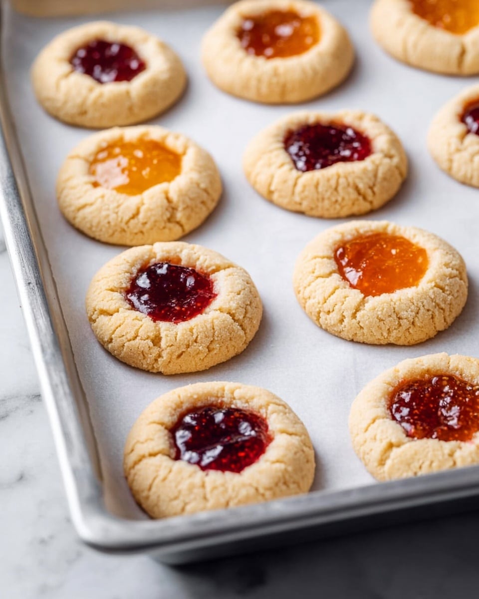 The image shows a metal baking tray lined with white parchment paper, holding nine round thumbprint cookies. Each cookie has a light golden-brown base with a slightly cracked texture and a center filled with glossy jam in two colors: deep red and bright orange. The cookies are evenly spaced in three rows, with the jam sitting slightly sunken in the middle. The background surface is a white marbled texture. photo taken with an iphone --ar 4:5 --v 7