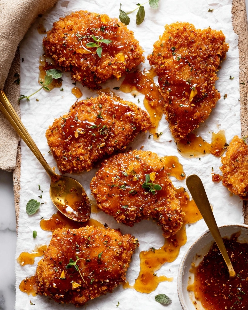 Several pieces of golden-brown crispy fried chicken are placed on white parchment paper over a white marbled surface. The chicken pieces are coated with a crunchy breadcrumb layer and drizzled with a glossy amber sauce that creates small pools around them. Small green herb leaves are scattered on top, adding a fresh touch. A gold spoon with sticky sauce inside rests on the parchment among the chicken. On the side, a white plate holds more sauce with a sprinkling of herbs visible. The overall look is warm and inviting, highlighting the texture and shine of the fried chicken and sauce photo taken with an iphone --ar 4:5 --v 7