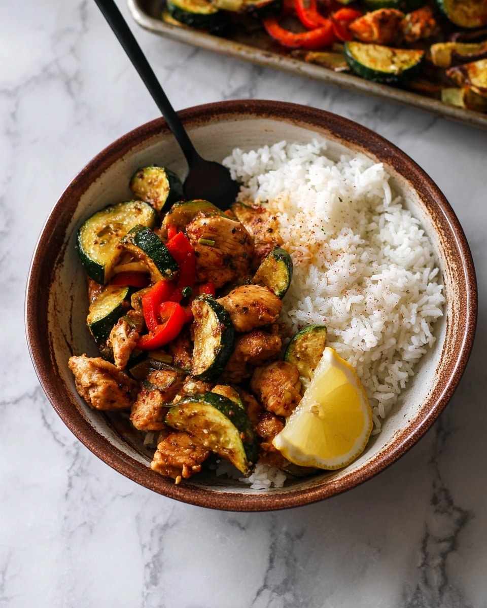 A bowl with a brown rim filled with white rice on the bottom layer, topped with a mix of cooked vegetables and seasoned chicken pieces. The vegetables include green zucchini slices and red bell pepper strips. There is a slice of lemon placed on the side. A black spoon is resting inside the bowl. The bowl is placed on a white marbled surface, with a tray of roasted vegetables visible in the background. photo taken with an iphone --ar 4:5 --v 7