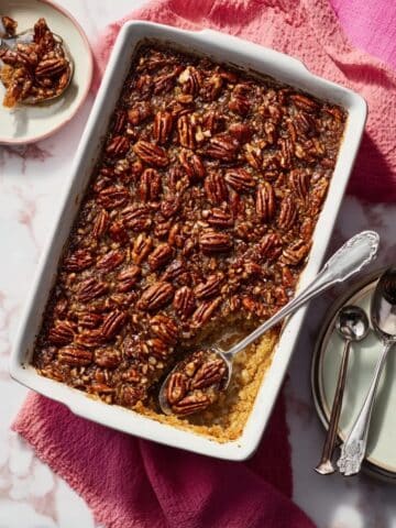 Pecan Toffee Cake Mix Bars with Caramel and Vanilla Ice Cream Recipe