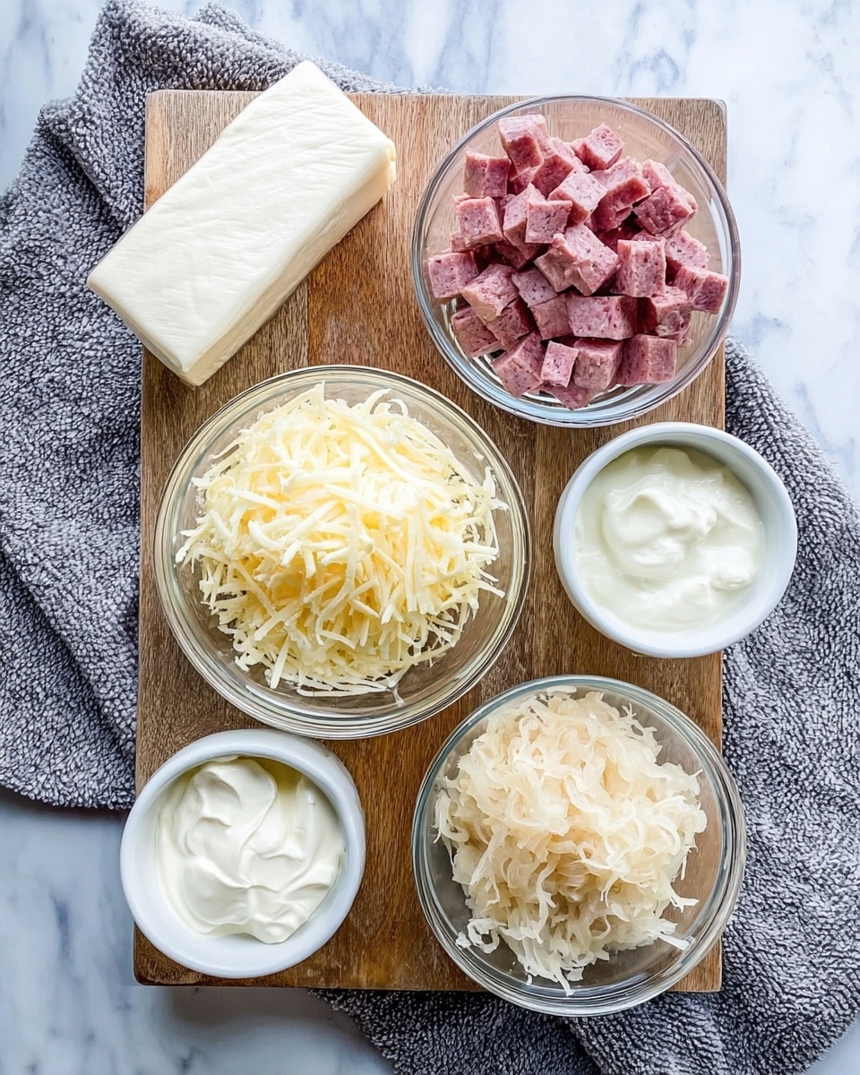 A top view of five small clear and white bowls arranged on a wooden cutting board over a white marbled surface. The largest clear bowl at the center holds a pile of pale yellow shredded cheese. To its left, a white bowl contains small pinkish squares of meat. At the top left, a clear bowl contains a large block of soft white cream cheese. Below the cheese bowl, a white bowl holds a smooth white creamy substance. To the right of the shredded cheese is a small clear bowl filled with pale shredded sauerkraut, sitting on a soft grey textured cloth. photo taken with an iphone --ar 4:5 --v 7