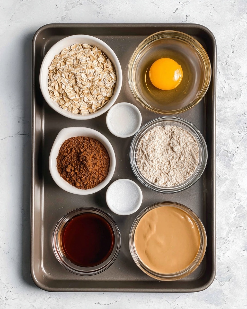The image shows seven small white bowls and clear glass bowls arranged neatly on a dark baking tray placed on a white marbled surface. Starting from the top left, there is a clear glass bowl filled with light beige rolled oats. To its right, a white bowl contains a whole raw egg with its bright yellow yolk visible in clear liquid. Below the oats bowl, a small white bowl holds a rich brown cocoa powder. In the center is a clear glass bowl filled with light brown powder, likely dry mix. Below that, a tiny clear bowl has a small mound of white powder, probably baking soda or salt. To the right, a white bowl is filled with dark amber liquid, possibly syrup. At the bottom left, a white bowl contains smooth golden peanut butter. Finally, a clear glass bowl at the bottom right is filled with a light beige, frothy liquid, possibly a milk substitute. The bowls are evenly spaced and the overall color palette is natural and earthy. Photo taken with an iphone --ar 4:5 --v 7