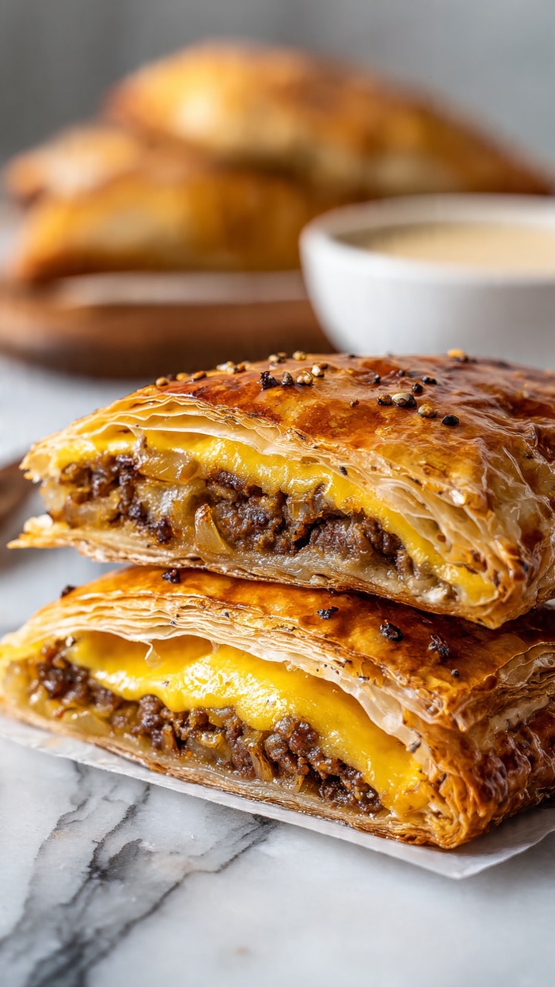 The image shows a close-up of a flaky, golden-brown pastry folded in half and stacked, revealing three main layers inside. The outer layer is a crispy, multi-layered crust with a slightly shiny texture and small dark seeds sprinkled on top. Inside, there is a thick, bright yellow layer of smooth filling that looks creamy, likely cheese or egg-based. Above this is a layer of browned, crumbled meat mixed with caramelized onions, adding a rich, textured look. The background has a white marbled surface with another similar pastry and a small white bowl with a creamy sauce blurred. Photo taken with an iphone --ar 4:5 --v 7