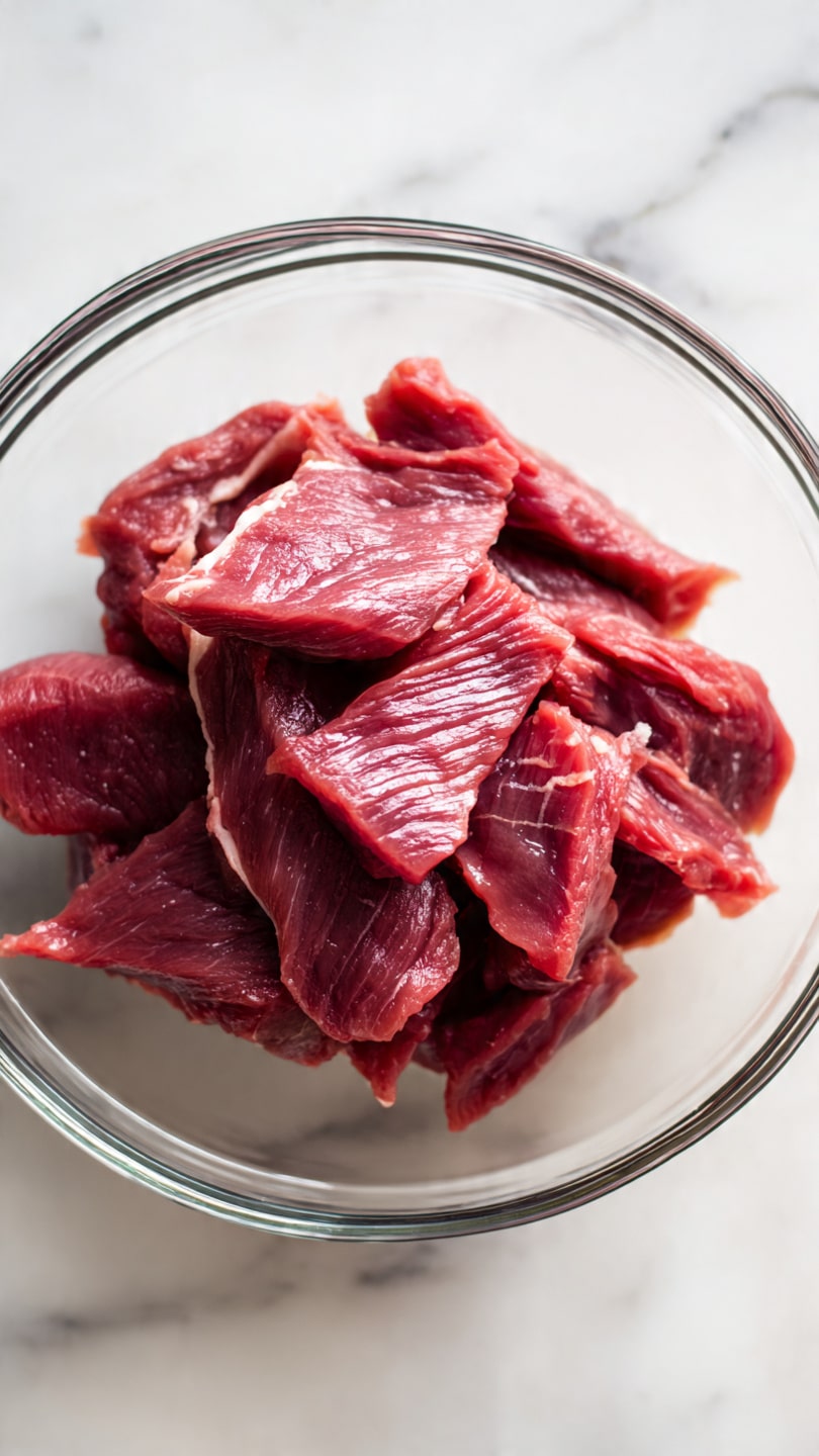A clear glass bowl holds several pieces of raw red meat cut into thin strips, showing a mix of deep red and a little white fat. The bowl is placed on a white marbled surface, and the meat strips are piled loosely, filling part of the bowl. The texture of the meat looks fresh and slightly moist. photo taken with an iphone --ar 4:5 --v 7