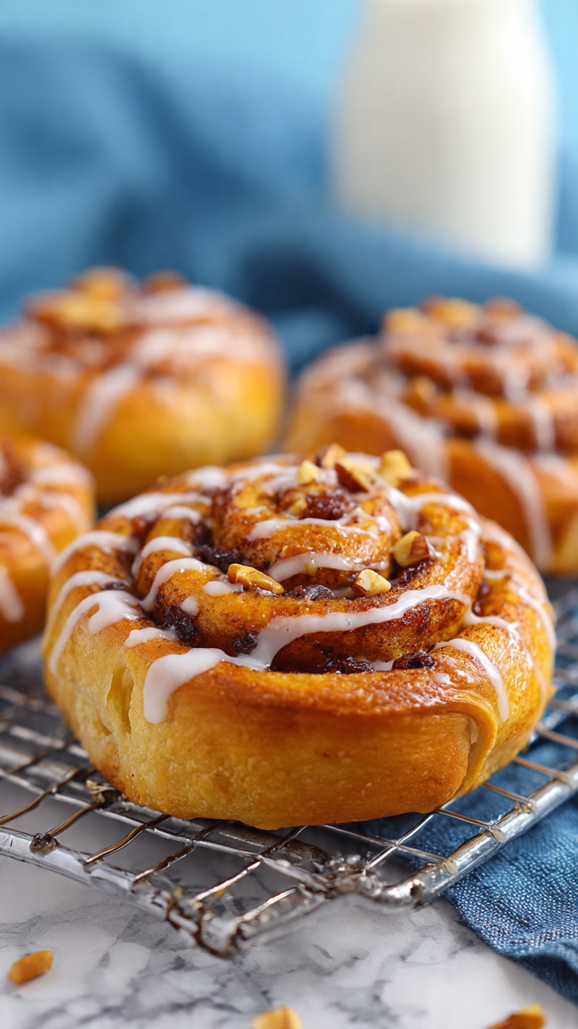 The image shows soft, golden brown cinnamon rolls with a shiny glaze wrapped in a spiral shape, each having several layers of dough twisted with a filling that looks dark, likely raisins or chocolate, and topped with chopped light brown nuts. The rolls sit on a silver wire cooling rack over a white marbled surface. A glass of milk and a blue cloth are blurred in the background. The glaze looks lightly drizzled, creating thin white lines over the warm rolls, making them look fresh and tasty. Photo taken with an iphone --ar 4:5 --v 7
