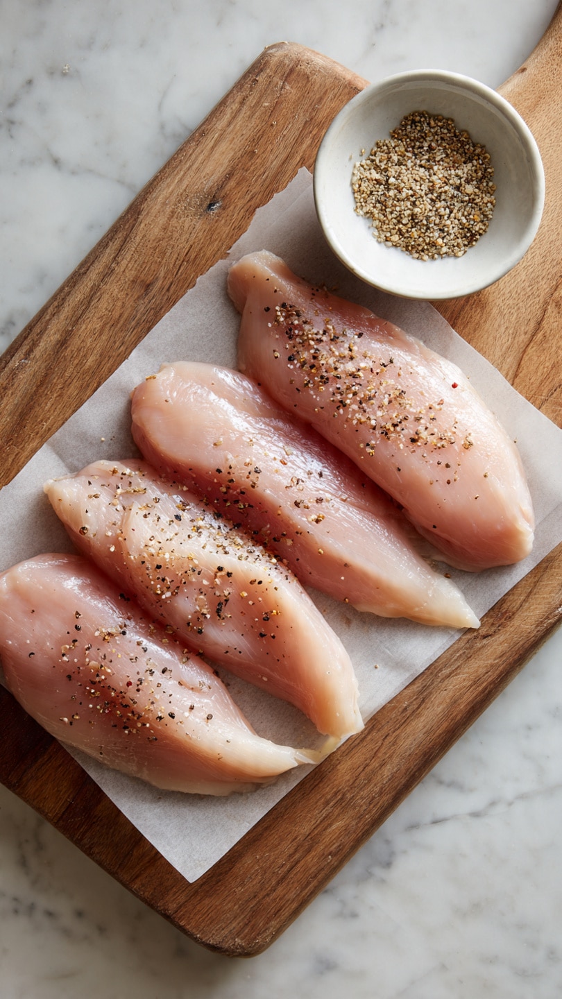 Four thin pieces of raw chicken fillet are laid side by side on a sheet of parchment paper over a wooden cutting board. Each piece is pale pink with some light seasoning of black pepper sprinkled evenly across the surface. Above the board, there is a small white bowl with coarse seasoning, all placed on a white marbled surface. photo taken with an iphone --ar 4:5 --v 7