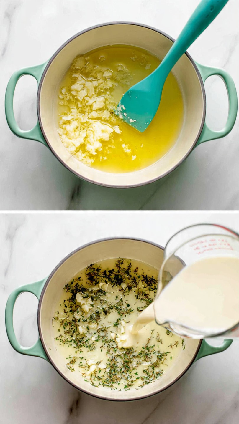 The image shows two side-by-side views of a green pot with a light cream inside, placed on a white marbled surface. On the left, a layer of melted butter mixed with small pieces of minced white garlic and green herbs forms a shiny, textured yellow base. A turquoise spatula is stirring the mixture. On the right, a white creamy liquid is being poured from a clear glass measuring cup into the pot, mixing with the butter and herbs to create a pale yellow, creamy layer with specks of green herbs spread evenly on the surface. Photo taken with an iphone --ar 4:5 --v 7
