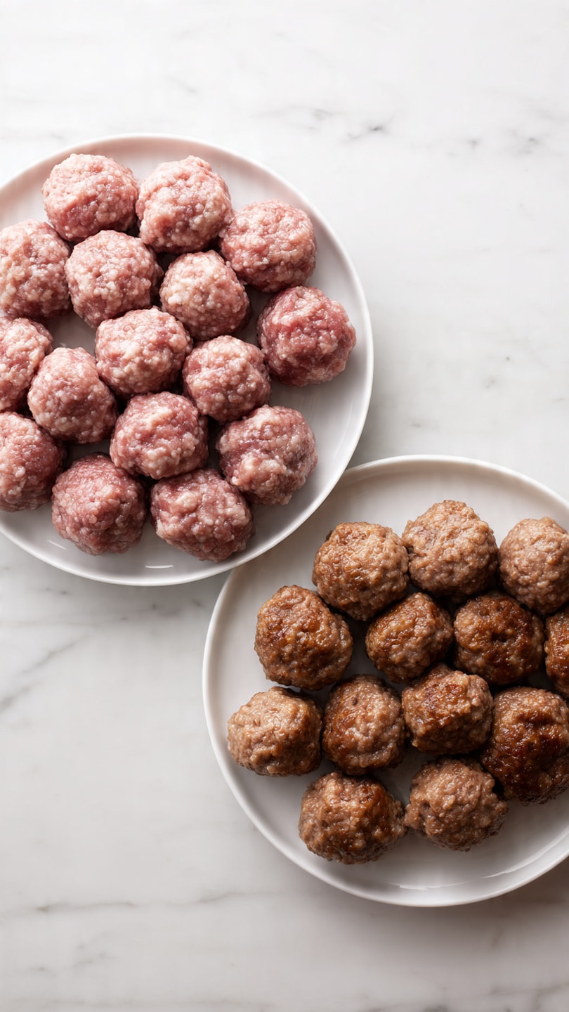 The image shows two white plates placed side by side on a white marbled surface. The left plate is filled with many raw, round meatballs that are pinkish in color with a coarse texture. They are closely arranged, covering almost the entire plate. The right plate holds the same number of cooked meatballs, now brown with a slightly shiny and firmer texture, still arranged closely together in a similar pattern as the raw ones. The contrast between the raw pink meatballs and the cooked brown ones is clear and distinct. photo taken with an iphone --ar 4:5 --v 7