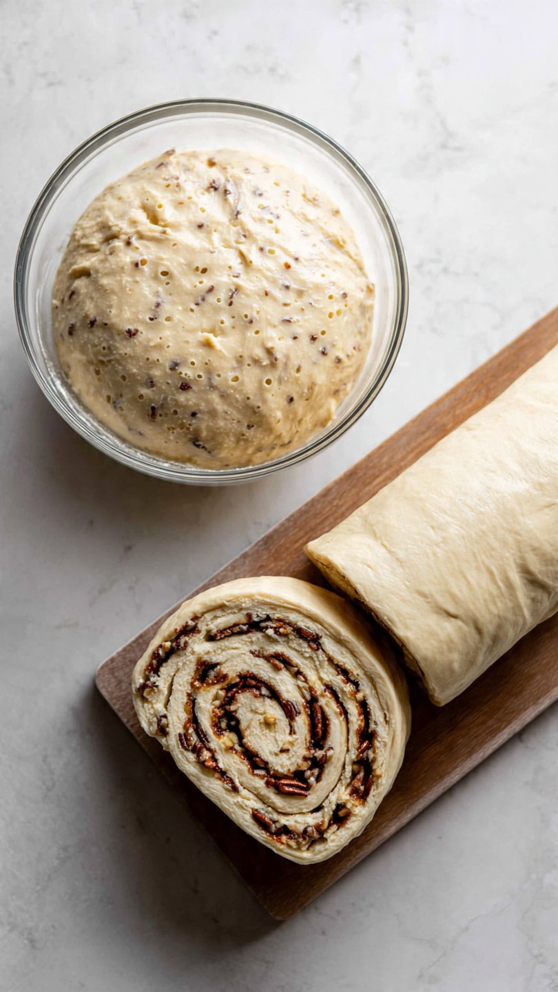 The image shows two views of dough preparation. On the left, there is a clear glass bowl filled with light beige dough that has risen and swollen, with tiny bubbles and a soft, airy texture visible through the bowl, sitting on a white marbled surface. On the right, a rolled dough log rests on a light gray board over the same white marbled surface. The dough roll is pale and smooth outside with visible swirls inside, filled with dark brown bits scattered evenly, creating a spiral pattern with layers of dough and filling tightly wound. The end piece of the roll is sliced, showing a soft and dense inside texture with embedded filling pieces. Photo taken with an iphone --ar 4:5 --v 7