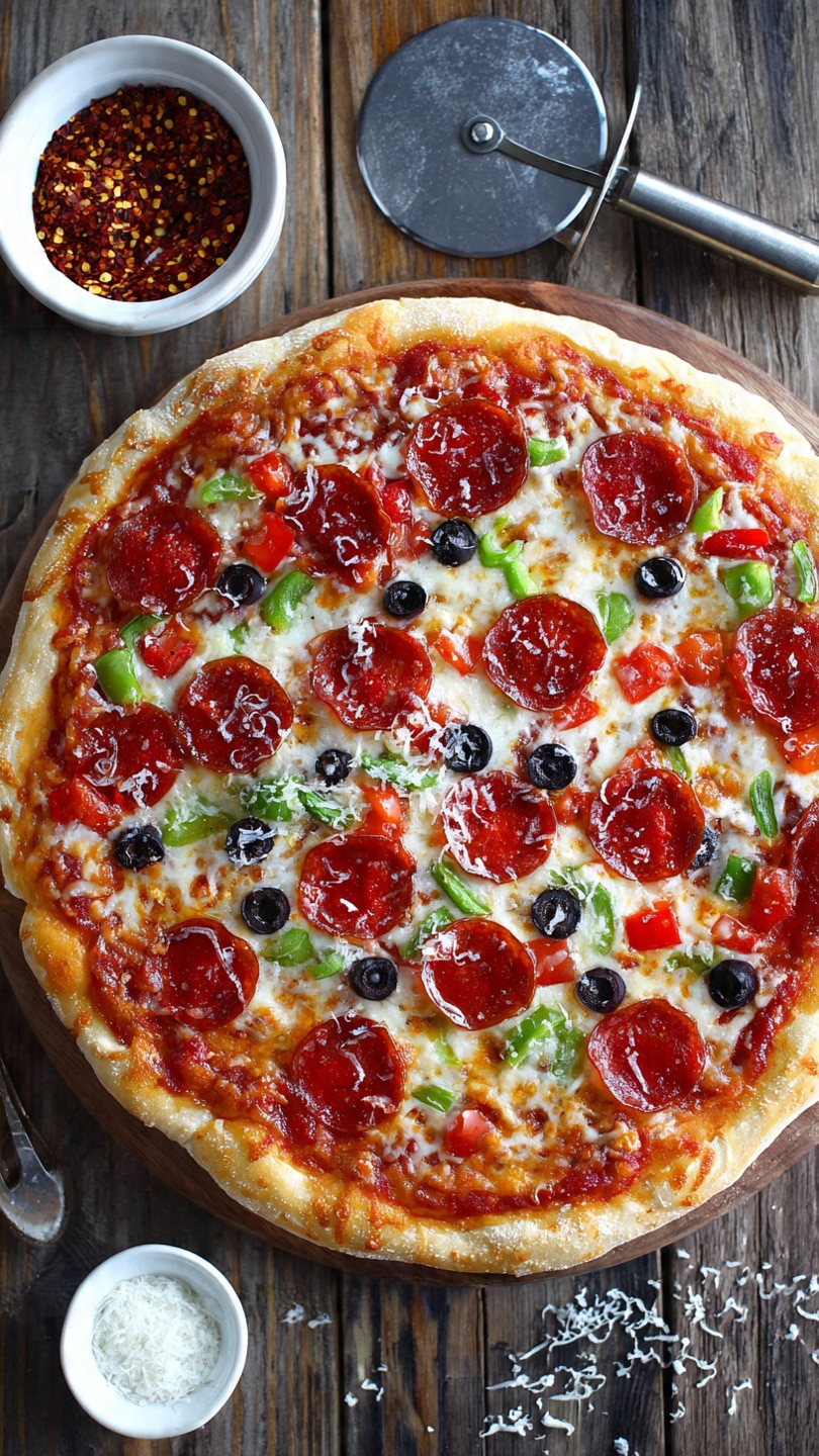 A round pizza with a golden brown crust forms the base layer, topped with a bright red tomato sauce spread evenly. The second layer is melted mozzarella cheese with spots of golden browning. Scattered over the cheese are slices of red pepperoni, black olive rings, and small pieces of green bell pepper, creating a colorful mix. The pizza rests on a wooden surface beside a silver pizza cutter and two small white bowls; one contains red pepper flakes and the other grated cheese. photo taken with an iphone --ar 4:5 --v 7