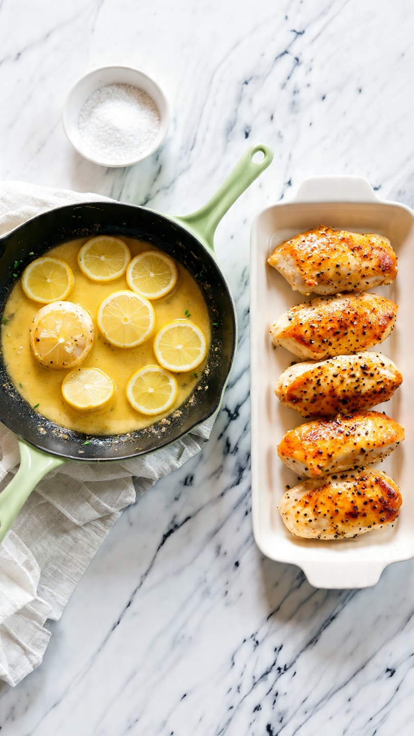 A black frying pan on the left side holds a clear yellow lemon butter sauce with ten thin round lemon slices floating on top, arranged mostly in a scattered yet overlapping pattern. To the right is a white rectangular dish containing six golden-brown cooked seasoned chicken pieces arranged in two neat rows, showing a lightly textured and slightly crispy surface. Both items rest on a white marbled surface. In the top left corner, there is a small white bowl filled with coarse salt. photo taken with an iphone --ar 4:5 --v 7