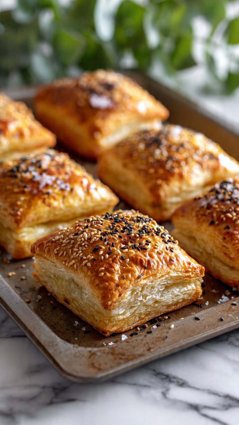 The image shows six golden brown puff pastries with a crispy, flaky texture on a baking tray. Each pastry is square-shaped with slightly raised edges, topped with a mix of black and white sesame seeds and a sprinkling of coarse salt. The pastries have a layered look, with the top layer exhibiting small cracks and toasted spots, adding to their appealing crunch. The tray rests on a white marbled surface with a blurred background of green leaves, enhancing the natural look of the scene. photo taken with an iphone --ar 4:5 --v 7