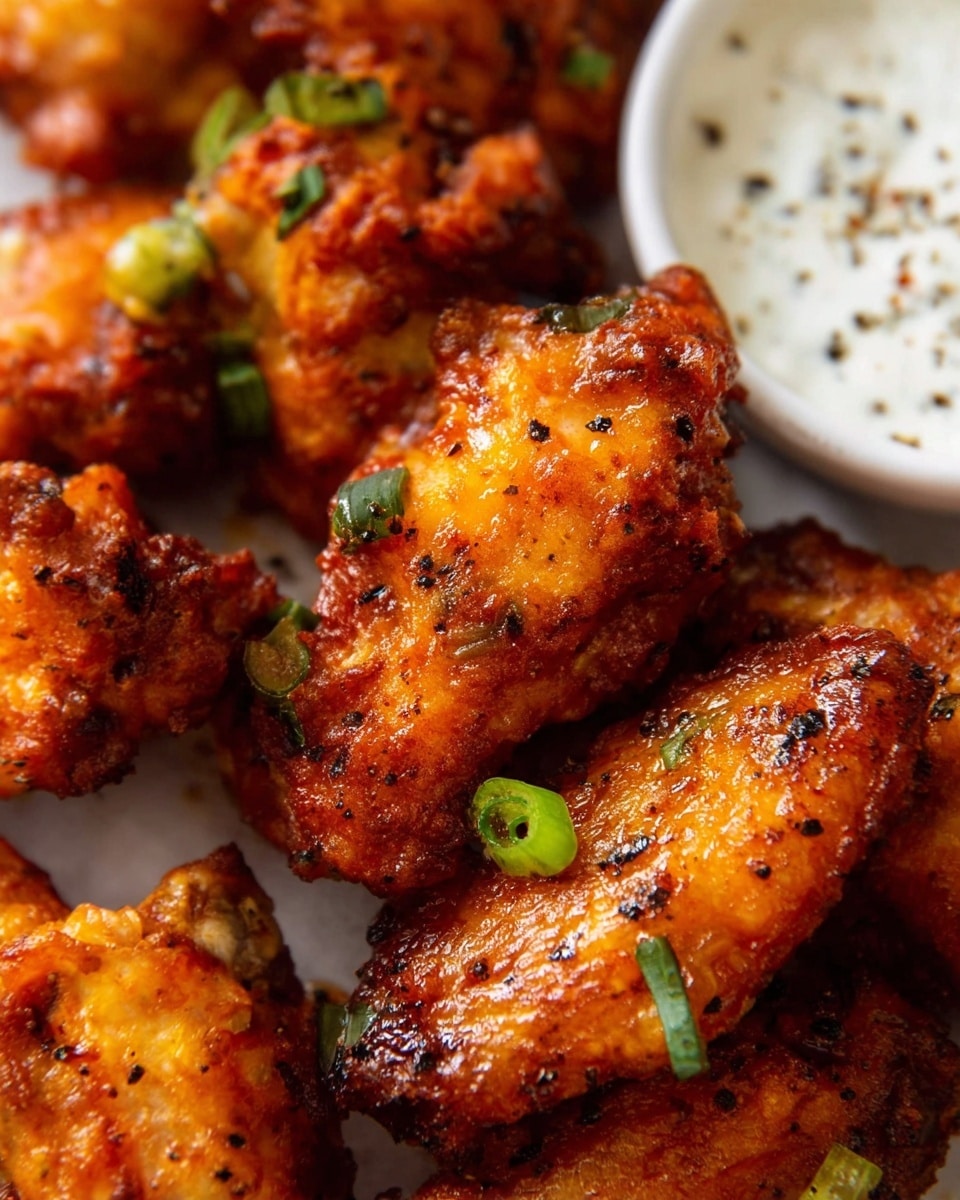 The image shows a close-up of several golden-orange chicken wings with a crunchy texture, seasoned with black pepper and small green onion slices scattered on top. The wings are heaped closely together, displaying a slightly oily and crisp surface with variations in color from bright orange to darker brown spots. In the upper right corner, part of a small white bowl with a creamy white sauce dotted with black pepper is partially visible. Everything is placed on a white marbled surface that adds a clean and simple background to the vibrant colors of the food photo taken with an iphone --ar 4:5 --v 7