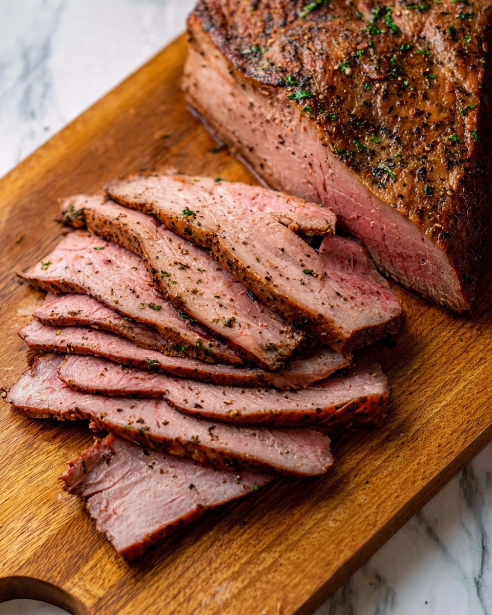 A wooden cutting board holds a large piece of cooked meat on the right side, with visible seasoning and a brown, slightly charred outer layer. On the left side, several slices of the meat are laid out, showing a pink center and tender texture with a gradient from darker brown edges to light pink inside. The surface appears juicy and seasoned with black pepper and herbs. The background is a white marbled texture. photo taken with an iphone --ar 4:5 --v 7