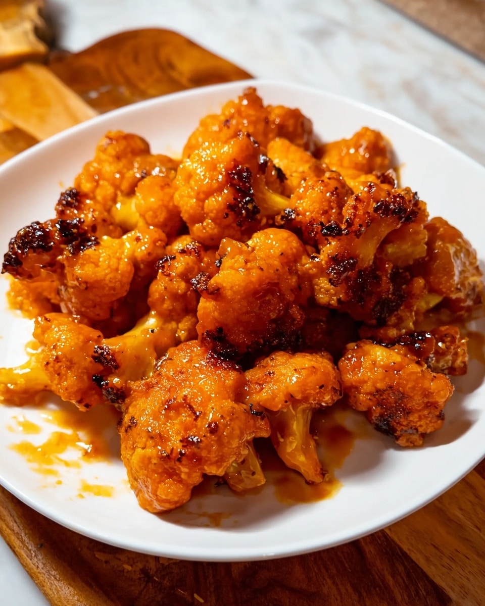 There is a white plate filled with about a dozen cauliflower pieces, each coated with a shiny orange sauce that looks thick and smooth. The cauliflower pieces are uneven in size, some browned with slightly charred edges, giving a crispy look. The plate is placed on a wooden board with visible wood grain. The background has a light beige color, and a glass partially visible in the top left corner contains a dark drink with ice. Photo taken with an iphone --ar 4:5 --v 7