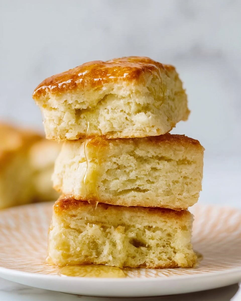 The image shows three soft, golden brown scones stacked on a white plate with a light pattern. The top scone is slightly leaning and has a smooth, shiny top with a bit of honey or syrup dripping down the sides. The inside texture looks tender and fluffy with visible crumbs. The plate sits on a white marbled surface, adding a clean, bright feel to the scene. Photo taken with an iphone --ar 4:5 --v 7