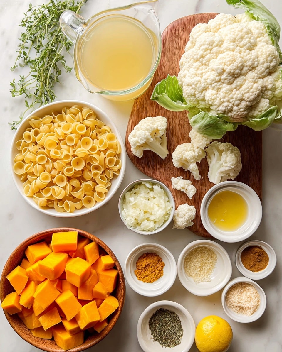 The image shows an arrangement of cooking ingredients on a white marbled surface. On the bottom left, there is a bowl filled with yellow dry pasta shells. Above it, a clear glass measuring cup holds light yellow broth. To the right, a wooden board has a large white cauliflower with some leaves still attached and several small cauliflower florets scattered around. Next to the cauliflower, half a lemon is placed on the surface. Moving up, a wooden bowl is full of bright orange cubed butternut squash. Surrounding these main items are small white bowls holding various ingredients: one has finely diced onions, another ground yellow powder (likely nutritional yeast), one has chopped garlic, one contains a small amount of smooth mustard, and another has mixed light brown and white powders (spices and salt). There are also small sprigs of fresh green herbs near the top of the image. Photo taken with an iphone --ar 4:5 --v 7