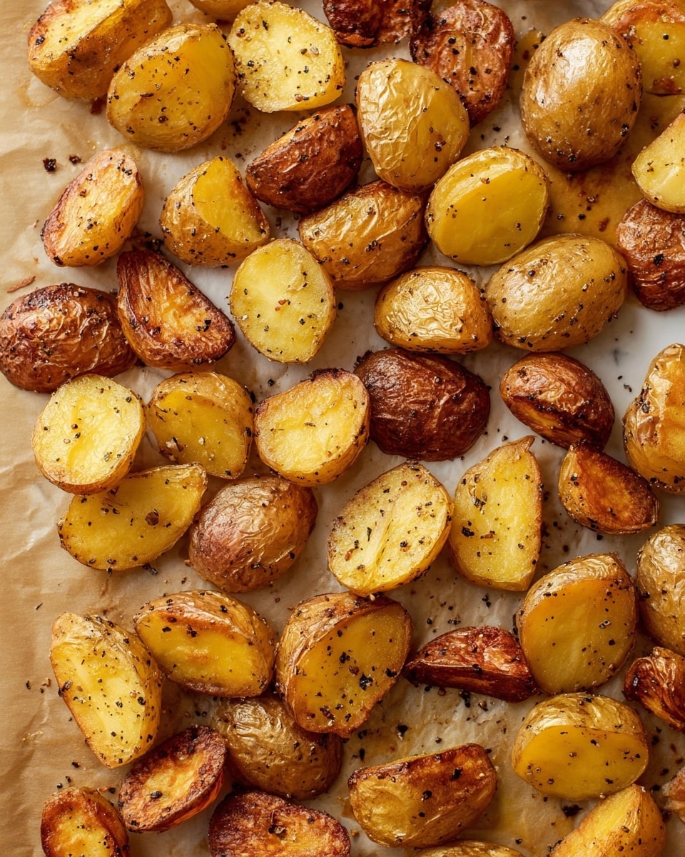 The image shows many roasted potato pieces spread out on a white marbled surface covered with light brown parchment paper. The potato pieces are cut into halves and quarters, with a mix of golden yellow and light brown colors, some having crispy, darker browned edges. The texture of the potatoes is slightly rough and crisp on the outside, with a shiny, roasted finish. Small black pepper flecks are scattered evenly over all the potatoes, giving them a seasoned look. photo taken with an iphone --ar 4:5 --v 7