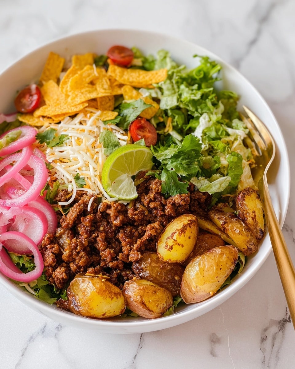 A white bowl on a white marbled surface holds a layered dish starting with roasted small potatoes at the bottom right, golden and slightly browned. On top and to the left of the potatoes is a heap of brown, crumbly cooked ground meat. Shredded white cheese is sprinkled over parts of the meat and potatoes. Next to the meat, a mix of fresh green lettuce and cilantro leaves with a lime wedge sits on the right side, sprinkled with bright yellow tortilla chip pieces. At the top left, thin pink pickled onion slices and small red tomato pieces add more color. A gold fork is placed on the right edge of the bowl near the greens. Photo taken with an iphone --ar 4:5 --v 7