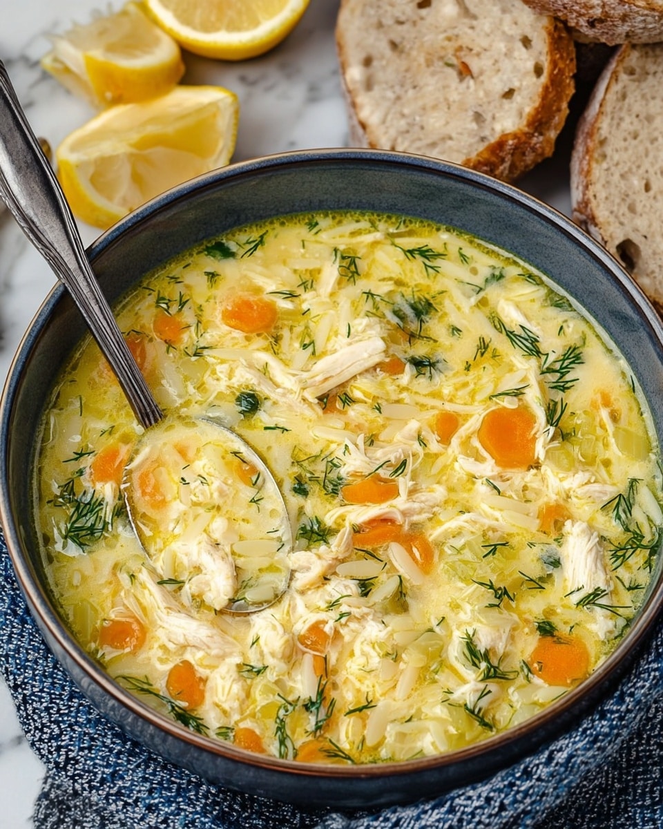 A deep bowl filled with a creamy yellow soup showing many small pieces of shredded white chicken, tiny diced orange carrots, and short white pasta grains. Fresh green dill is sprinkled throughout the soup, adding bright green spots on the smooth creamy surface. The bowl is dark with a blue tint on the inside rim, sitting on a white marbled surface with two lemon halves placed behind it and two slices of light brown bread with holes stacked nearby. Blue and white textured cloths are placed under the bowl. Photo taken with an iphone --ar 4:5 --v 7