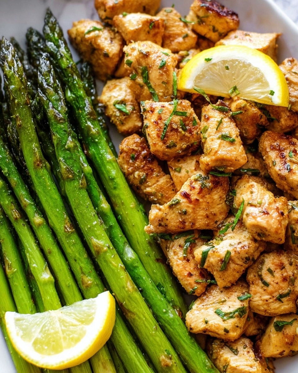 The dish shows a pan with two clear sections: the left side holds bright green asparagus spears aligned parallel, with a shiny, grilled texture, while the right side contains many small, golden brown chicken pieces, sprinkled lightly with green herbs. There are two thin lemon slices placed on the chicken near the bottom and middle. The pan rests on a white marbled surface. Photo taken with an iphone --ar 4:5 --v 7