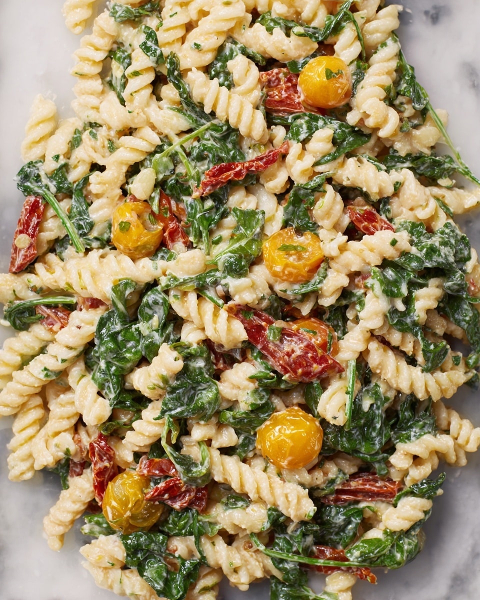 This dish shows short twisted pasta mixed evenly with bright green spinach leaves, small yellow cherry tomatoes, and red sun-dried tomatoes, all coated in a creamy white sauce. The pasta spirals have a soft, slightly shiny texture, while the spinach adds a fresh leafy look scattered throughout. The cherry tomatoes are whole and glossy, creating small pops of yellow, and the sun-dried tomato pieces add deeper reddish hues and a slightly wrinkled texture. Everything looks well blended with bits of creamy sauce clinging to the ingredients, creating a rich and colorful mix on a white marbled surface. photo taken with an iphone --ar 4:5 --v 7