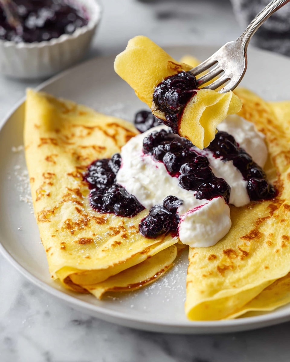 A white plate holds two golden-yellow crepes folded in quarters with light brown spots showing their soft texture. On top, a cloud of white cream is placed in the center with dollops of dark purple blueberry sauce spreading out unevenly over the cream and partly on the crepes. A silver fork lifts one small rolled piece of crepe covered with cream and blueberry sauce towards the viewer. The plate sits on a white marbled surface, with a blurry bowl of more blueberry sauce visible in the corner. photo taken with an iphone --ar 4:5 --v 7