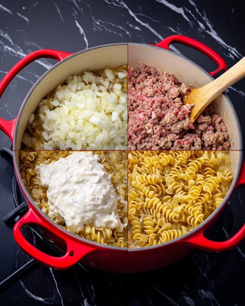 The image shows a red pot with a white inside in four stages of cooking on a black stove with a white marbled surface. The first stage has a layer of chopped onions, small and white with a bit of shine. The second stage shows raw and light brown ground meat with some onion pieces mixed in. The third stage shows dry yellow spiral pasta added on top of water that is starting to bubble. The last stage shows the cooked dish with three layers: a base of light yellow cooked pasta mixed with soft-looking brown meat, a thick white creamy dollop on top being stirred by a light brown wooden spoon. Photo taken with an iphone --ar 4:5 --v 7