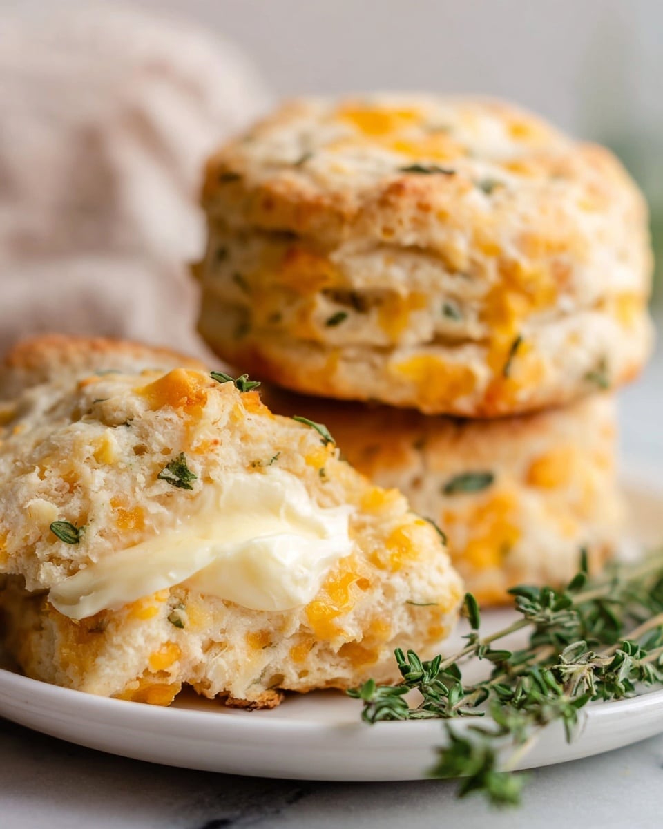 A close-up view of a stack of three soft, thick biscuits on a white plate, resting on a white marbled surface; the biscuits have a light golden color with chunks of orange cheddar cheese and small green herbs mixed throughout. One biscuit in the front is split open, showing a creamy, smooth melting butter layer inside that contrasts with the crumbly biscuit texture. A sprig of green thyme lies beside the plate, adding a fresh touch. The overall color palette is warm with soft focus on the background, highlighting the texture and layers of the biscuits and butter. Photo taken with an iphone --ar 4:5 --v 7