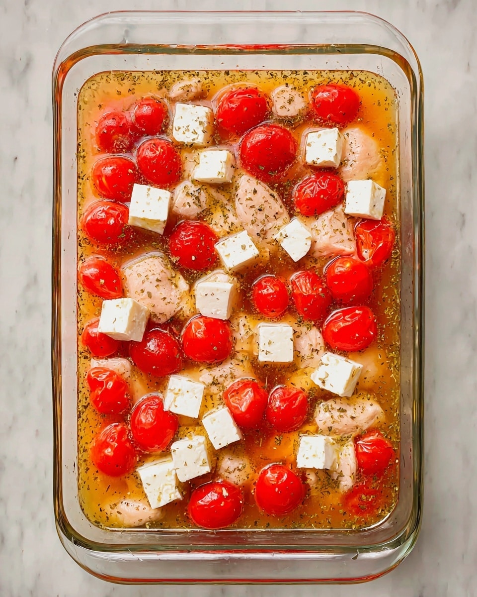 A clear glass rectangular baking dish holds three main layers visible from above: the bottom layer is made of light pink raw chicken pieces submerged in a light orange broth with small herbs scattered throughout; the middle layer consists of bright red cherry tomatoes spread evenly across the dish standing out against the broth and chicken; the top layer has white cubes of soft cheese placed randomly among the tomatoes, adding a creamy texture contrast. The dish rests on a white marbled surface. photo taken with an iphone --ar 4:5 --v 7