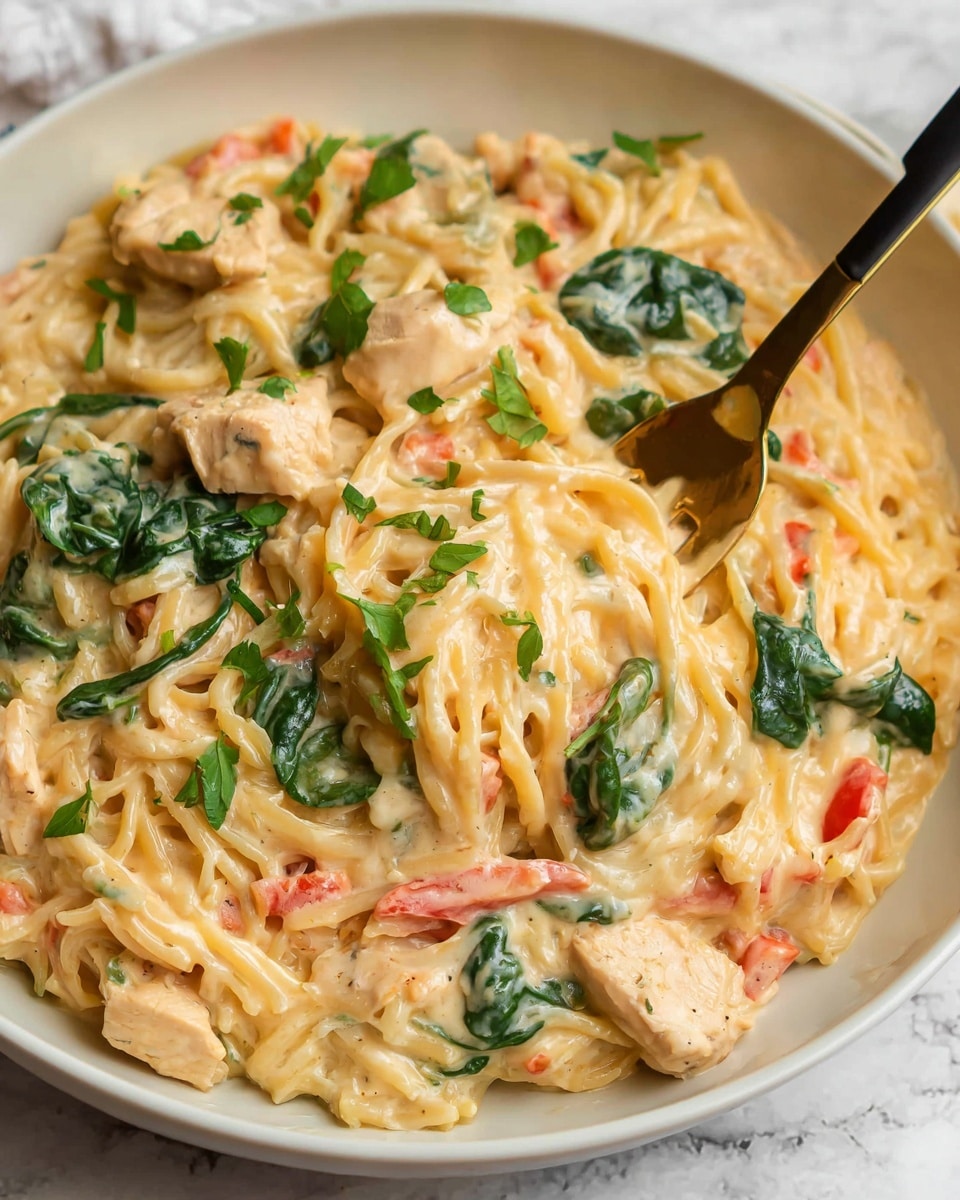 The dish is a creamy pasta served in a large white bowl resting on a white marbled surface. The pasta is coated in a thick, pale yellow cream sauce with a smooth texture, mixed with light orange and red bits of bell peppers. There are several chunks of tender cooked chicken pieces scattered throughout the pasta, along with bright green spinach leaves for color contrast. Finely chopped green herbs are sprinkled on top. A gold and black fork is partially visible, inserted into the pasta, ready to take a bite. Photo taken with an iphone --ar 4:5 --v 7