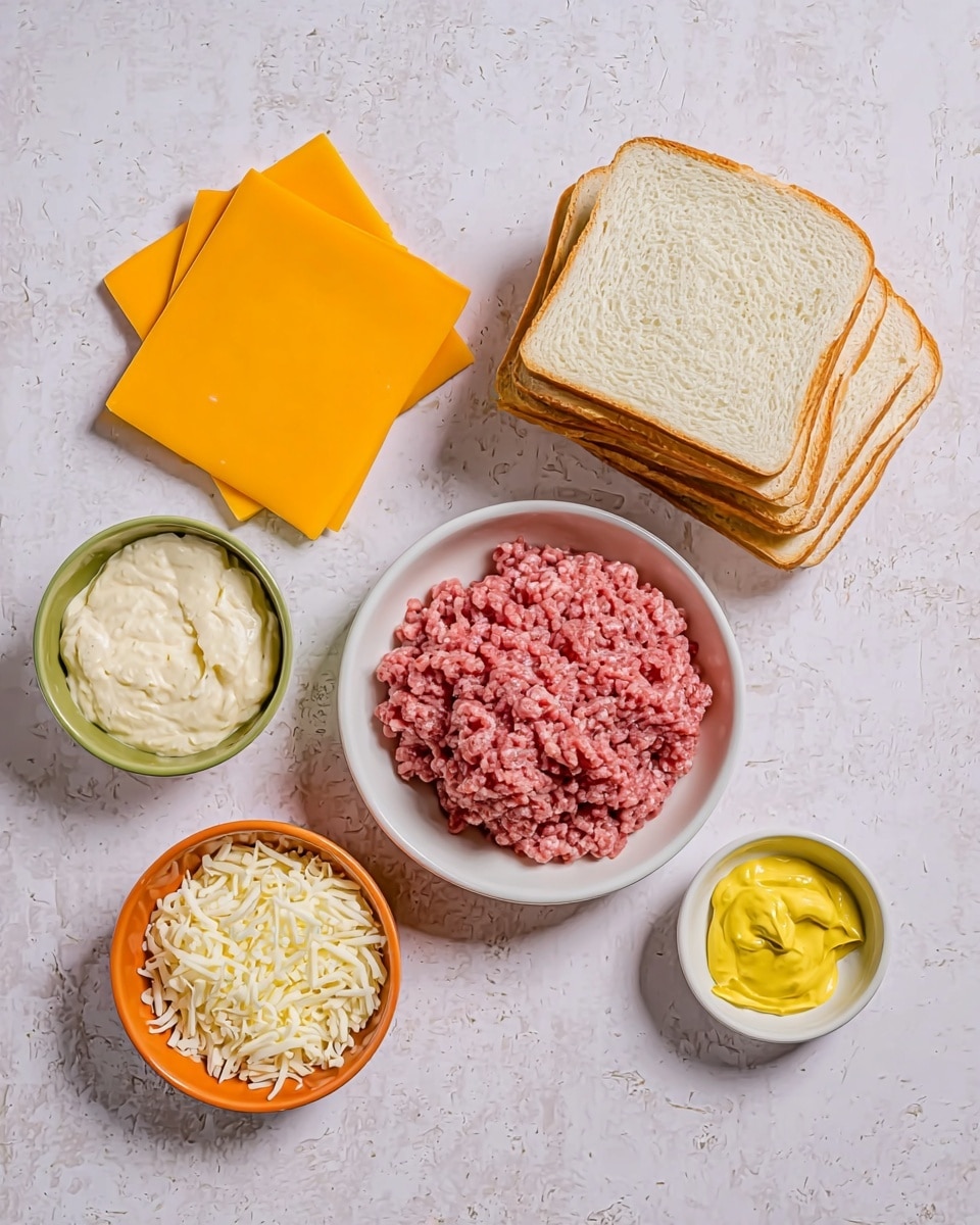 A flat lay of sandwich ingredients arranged on a white marbled surface includes four slices of white bread stacked upright on the right, a white bowl filled with raw ground beef with a pinkish-red color in the center, and a pack of four bright orange-yellow cheese slices on the left. Near the bottom left, a small green bowl contains a creamy white sauce, and next to it, an orange bowl is filled with shredded white cheese. A small white ramekin with bright yellow mustard sits to the right of the beef bowl. The photo taken with an iphone --ar 4:5 --v 7