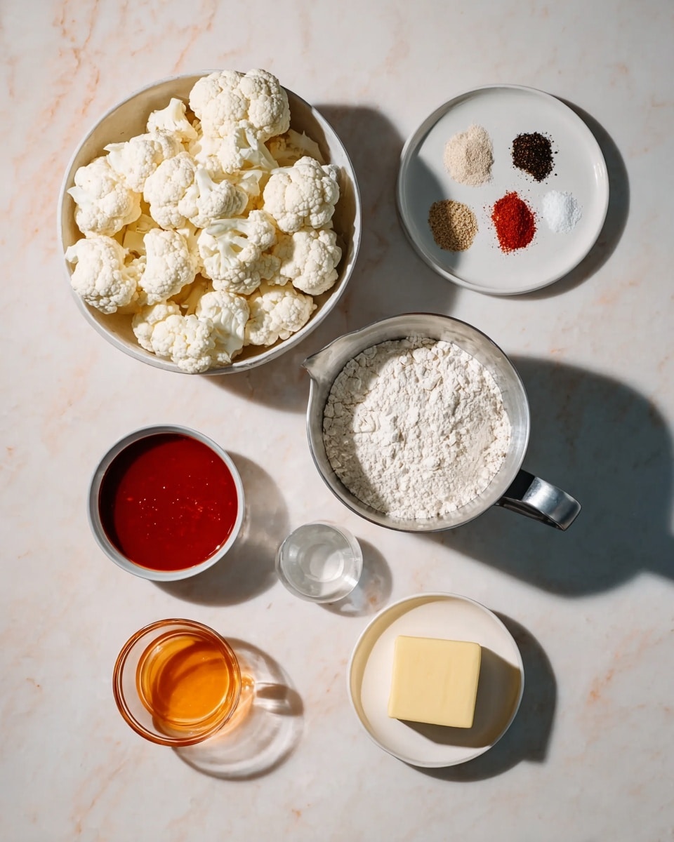 A white bowl full of white cauliflower florets sits at the top left, next to a smaller white plate with five small piles of spices in red, black, white, and beige colors arranged in a circle at the top right; below these, a white bowl filled with white flour is placed in the middle right, a silver metal jug with water is positioned in the bottom left, with a small white bowl of red sauce beside it, a small clear glass bowl with orange liquid near the bottom center, and a small white bowl containing a block of yellow butter at the bottom right, all arranged on a white marbled surface with natural light and soft shadows photo taken with an iphone --ar 4:5 --v 7