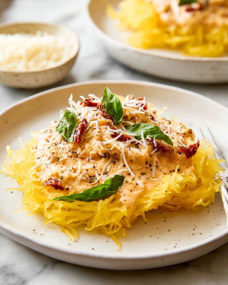 The dish shows one main layer of shredded spaghetti squash forming a nest base in yellow color with a slightly stringy texture on a white plate, topped with a creamy light orange sauce layer mixed with small pieces of sun-dried tomatoes, sprinkled with shredded white cheese and black pepper. Bright green basil leaves are placed on top as garnish, creating a fresh contrast. The plate sits on a white marbled surface with a soft focus background showing another similar plate and a small bowl of shredded cheese. photo taken with an iphone --ar 4:5 --v 7