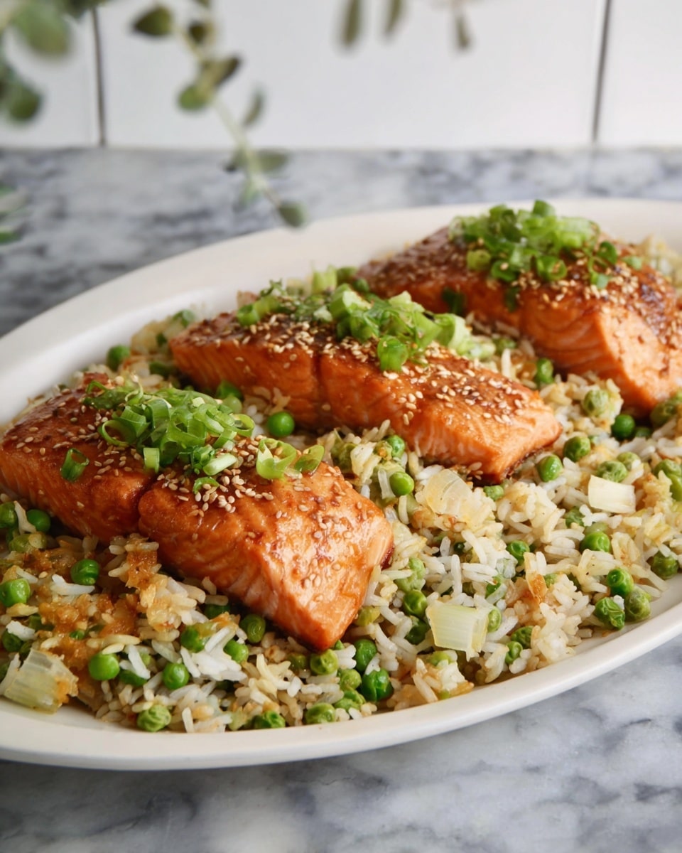 A white oval plate holds a bed of mixed rice and green peas with bits of cooked onion, forming the base layer with a mix of white, green, and light brown colors and a soft texture. On top, three thick pieces of orange salmon fillets are placed in a row across the middle, each topped with sesame seeds and chopped green onions, adding texture and a touch of bright green. The plate sits on a white marbled surface with a soft focus background. photo taken with an iphone --ar 4:5 --v 7