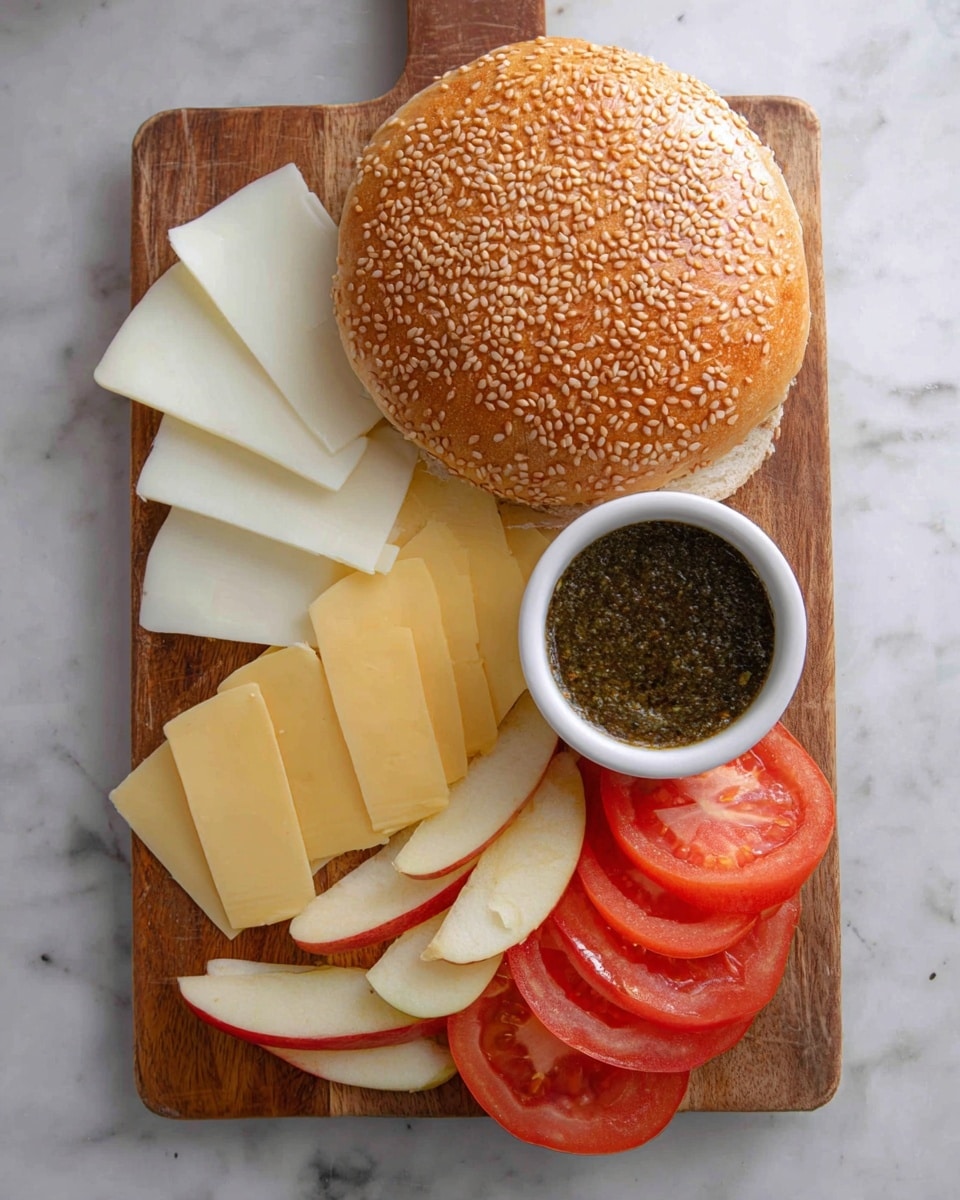 The image shows a wooden board with a large sesame seed bun placed at the top center. Below the bun are four slices of white cheese arranged in a fan shape on the left side and three slightly crumbly pale yellow cheese slices placed below the white cheese. On the right side, there are several red tomato slices at the bottom and thinly sliced pale yellow apple wedges above the tomatoes. In the middle of the board is a small white round bowl filled with a dark green paste, possibly pesto. The board is placed on a white marbled surface. Photo taken with an iphone --ar 4:5 --v 7