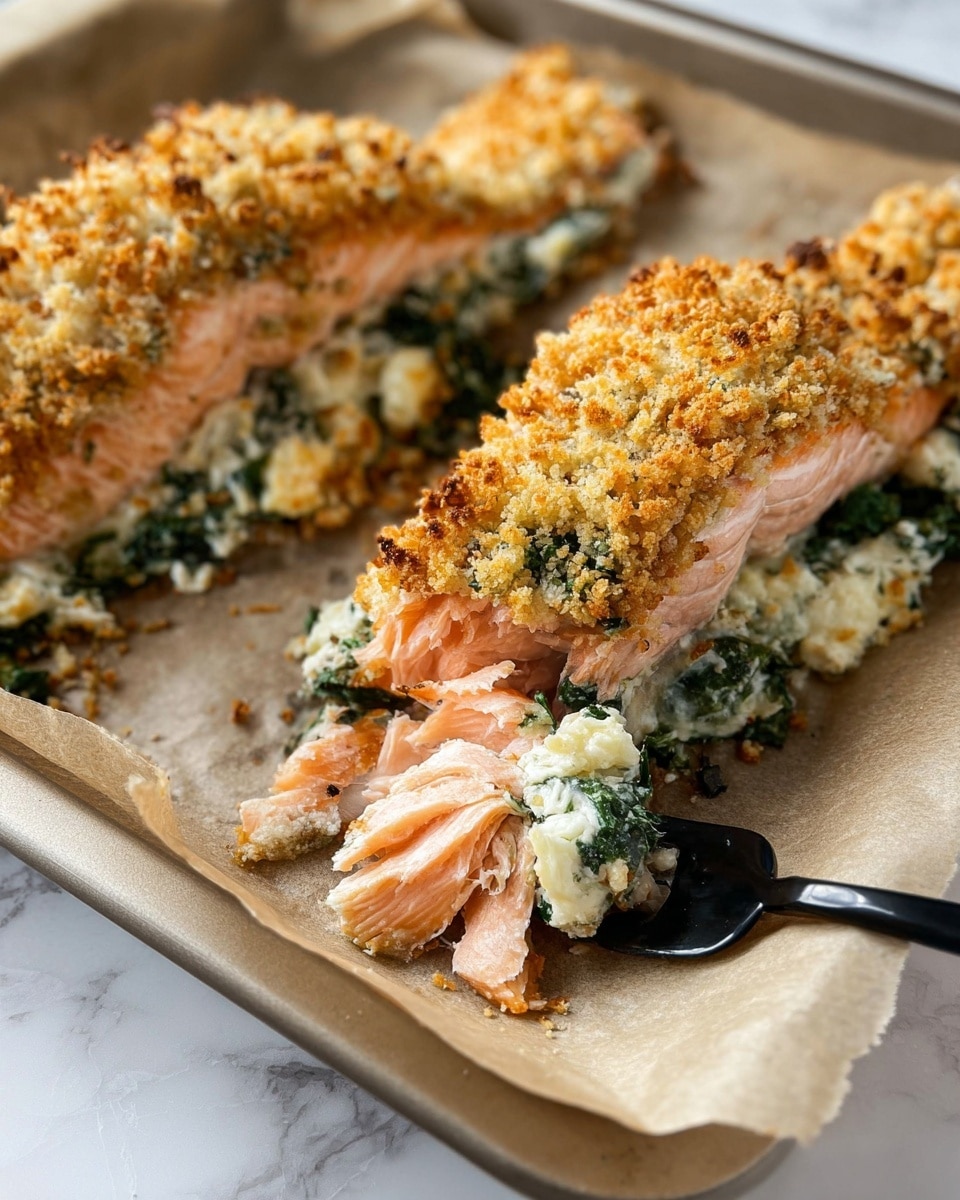 The image shows three pieces of pink salmon fillets with a golden brown crumb topping, each stuffed with a creamy white and green mixture of cheese and leafy greens. One piece is slightly opened to reveal this filling inside, and a black fork holds a piece that has been taken out, showing layers of soft salmon and the textured filling. The salmon is placed on light brown parchment paper inside a baking pan, all set on a white marbled surface. The crumb topping is crumbly and crisp, covering the top edges of each salmon piece. Photo taken with an iphone --ar 4:5 --v 7