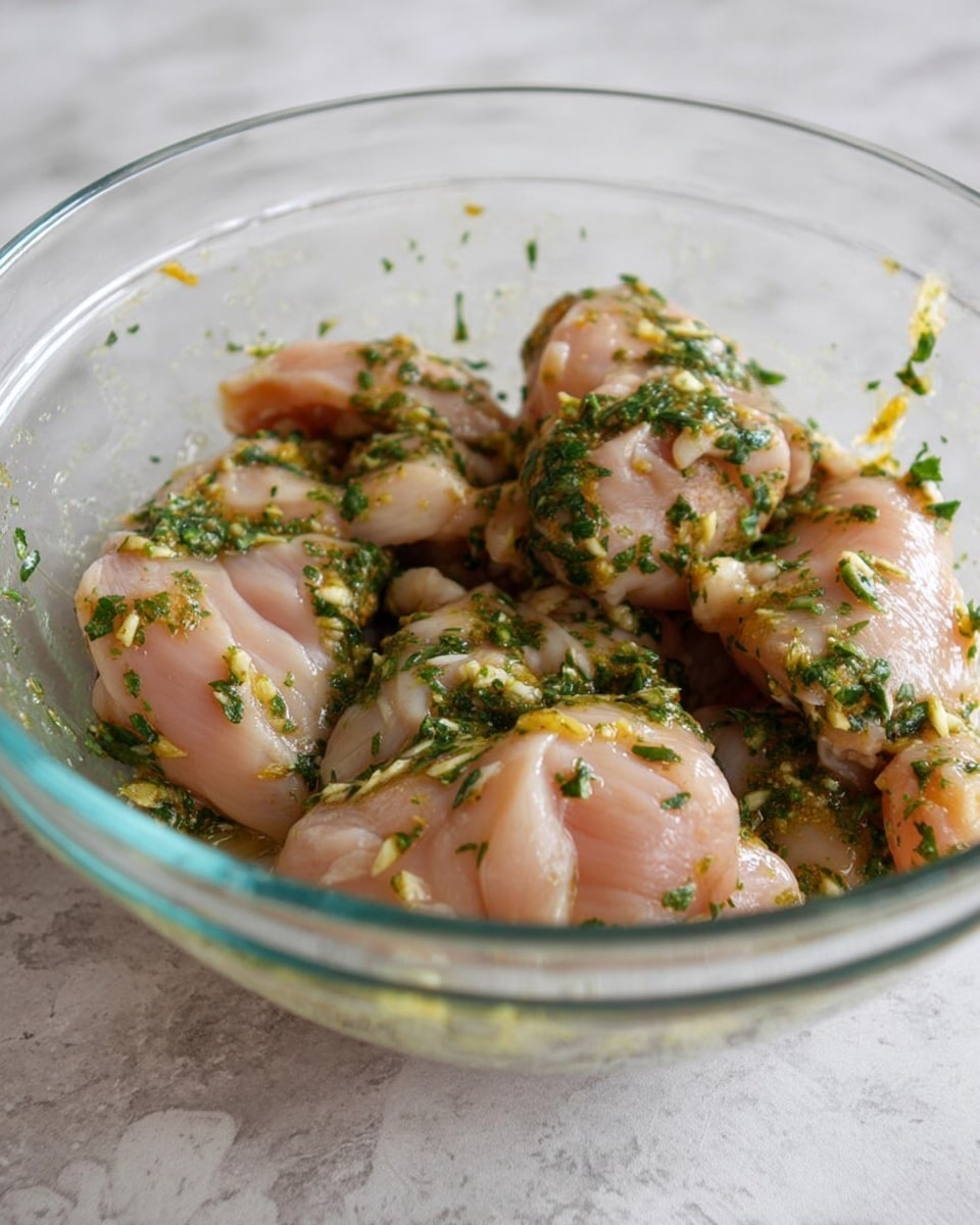 A clear glass bowl holds several pieces of raw chicken marinated with visible green herbs and bits of yellow seasoning spread evenly on the chicken's light pink surface. The bowl rests on a white marbled textured countertop. The chicken pieces vary slightly in size and are arranged closely together within the bowl. Small bits of chopped herbs stick to the inside of the bowl above the chicken pieces. Photo taken with an iphone --ar 4:5 --v 7