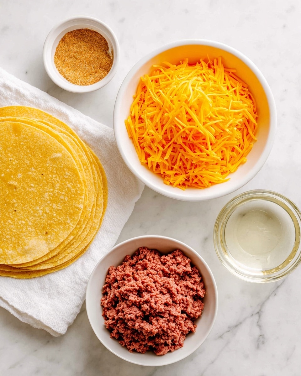 The image shows five separate items arranged on a white marbled surface. There is a stack of light yellow corn tortillas on the bottom left corner resting on a white cloth. In the center, there is a white bowl filled with bright orange shredded cheese. Above it, another white bowl contains a mound of reddish-pink ground meat. To the top left, a small white bowl holds a brownish powder, likely seasoning. At the bottom right, a small clear glass bowl contains a transparent liquid. Photo taken with an iphone --ar 4:5 --v 7