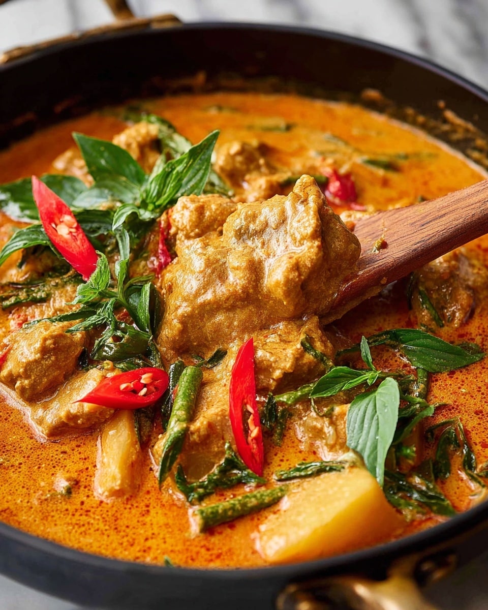 A cast iron pan filled with a thick orange curry sauce dotted with chunks of chicken and yellow potato pieces, mixed with dark green leafy herbs and sliced red chili rings. The sauce is creamy and textured, with visible oil pooling on the surface. A wooden spoon is scooping some of the curry, showing the tender meat and vegetables beneath the sauce. Bright green fresh herbs like basil and cilantro float on top, adding bursts of color and freshness. The pan is placed on a white marbled surface with a gray cloth beside it. photo taken with an iphone --ar 4:5 --v 7