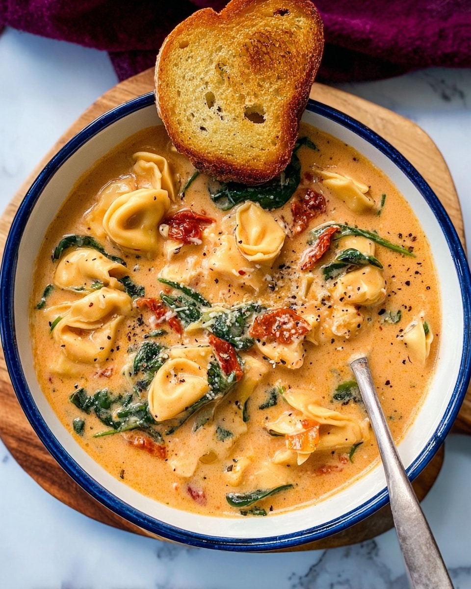 A pot filled with creamy orange soup shows several layers of fresh ingredients mixed evenly: pieces of light yellow pasta shells, bright green spinach leaves, small chunks of reddish tomato, and bits of light green celery, all floating in a thick smooth broth with visible herbs and spices. The pot is white inside with a red outside rim and sits on a white marbled surface, with a purple cloth blurred softly in the background. The photo taken with an iphone --ar 4:5 --v 7