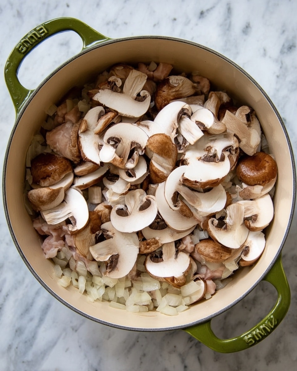 A top view of a cream-colored pot with a green handle filled with three visible layers: the bottom layer is small, pale pieces of meat that cover the whole bottom; above this is a layer of translucent, finely chopped onions spread evenly; and the top layer consists of sliced brown mushrooms with white gills and light brown caps, scattered loosely over the onions. The pot is placed on a white marbled surface. photo taken with an iphone --ar 4:5 --v 7