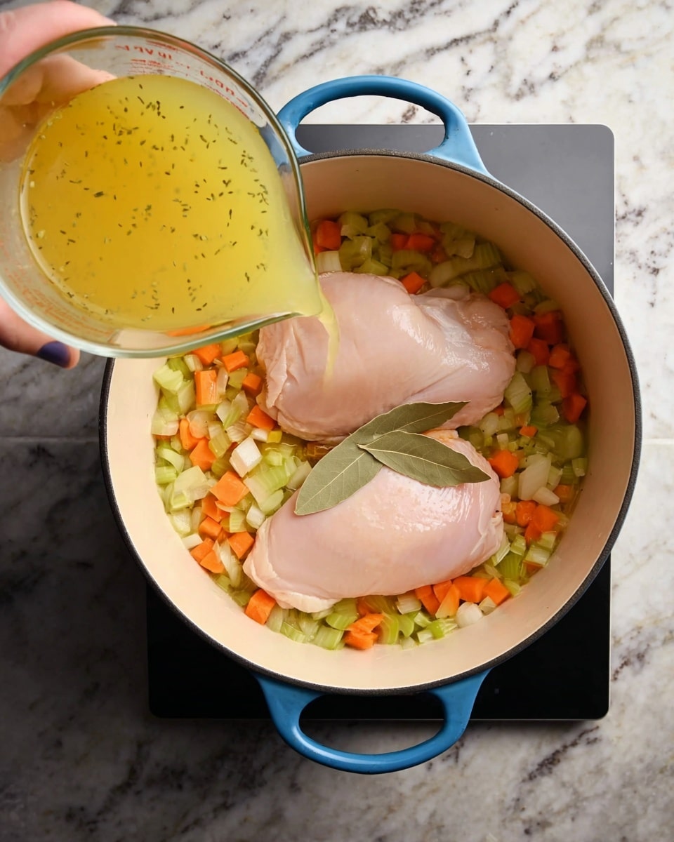 A white pot with two blue handles contains a layer of diced carrots, celery, and onions sautéed at the bottom, with two raw, smooth, pale pink chicken pieces placed on top. On top of the vegetables and between the chicken pieces are two light brown bay leaves. In the next image, a woman's hand holds a glass measuring cup pouring a yellow broth with specks of herbs into the pot over the chicken and vegetables. The pot sits on a stove with a dark surface next to a white marbled countertop. photo taken with an iphone --ar 4:5 --v 7