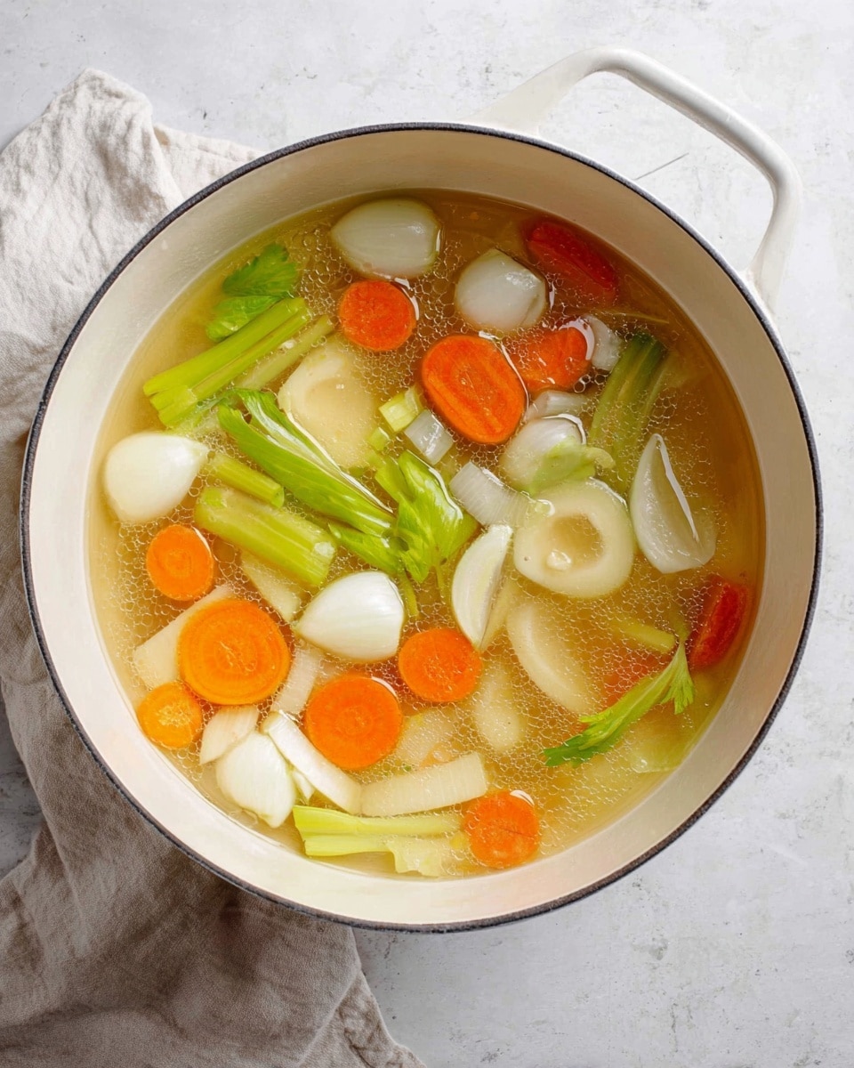 A white pot filled with a clear light golden broth that has floating chunks of colorful vegetables. The vegetables include bright orange carrot rounds, pale green celery stalks, off-white onion pieces with layers visible, and light green celery leaves. The pot is set on a white marbled surface with a light-colored cloth beside it. The broth looks fresh and lightly oily on top, showing a simple vegetable soup in the making. photo taken with an iphone --ar 4:5 --v 7